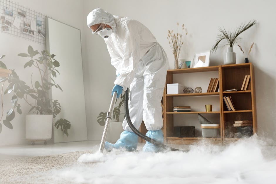 A professional cleaner dressed in a white protective suit, mask, and gloves is performing surface cleaning on a beige carpet in a modern living room. The cleaner is using a vacuum cleaner with a hose attachment, creating a cloud of steam or cleaning solution at the carpet's surface. The room features a wooden bookshelf with decorative items, including potted plants, books, and picture frames, alongside a large window that allows natural light to illuminate the space. The walls are painted white, and the overall area appears tidy and well-maintained, with a neutral color palette that emphasizes cleanliness. Barnet Carpet Cleaning specializes in deep cleaning and sanitisation services for residential spaces, ensuring surfaces like carpets are hygienic and fresh.