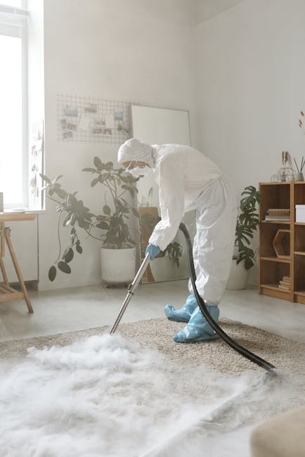 A young boy using a vacuum cleaner to thoroughly clean the beige carpet in a living room, with an elderly man lying comfortably on a white sofa nearby. The room features light grey walls, large windows with sheer curtains allowing natural light, and wooden flooring partially covered by a multicolored area rug. The space is furnished with a beige couch with several cushions, a side table with a lamp, and a radiator below the window. Visible cleaning equipment includes a modern portable vacuum cleaner, and the entire scene depicts a deep cleaning process aimed at maintaining hygiene and freshness in a domestic setting, with Barnet Carpet Cleaning providing professional service for surface cleaning and sanitisation.